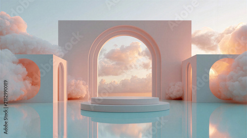 Minimalist Product Podium in Dreamlike Sky Setting, Symmetrical Archway, Warm Pastel Tones for Elegant Branding