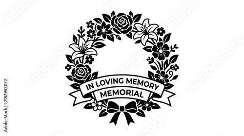 Black and white floral memorial wreath illustration with ribbon.