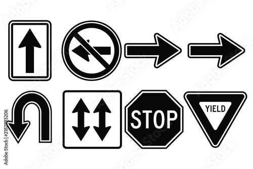 Road navigation signs and traffic control icons set with directional arrows stop sign yield sign no left turn u turn traffic safety driving signs street signs traffic rules road direction