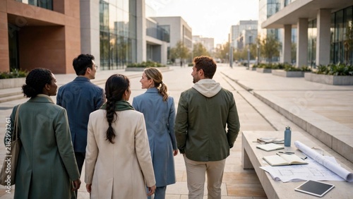 Diverse Team Collaborating on Modern Urban Walkway