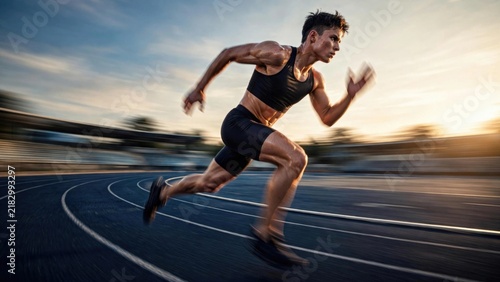 Dynamic Athlete Sprinting on Outdoor Running Track at Sunset