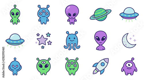 Foto Collection of cute cartoon aliens and space objects in a vibrant, playful style