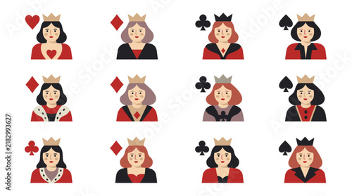 Collection of diverse queen playing card avatars with various suits and crowns.