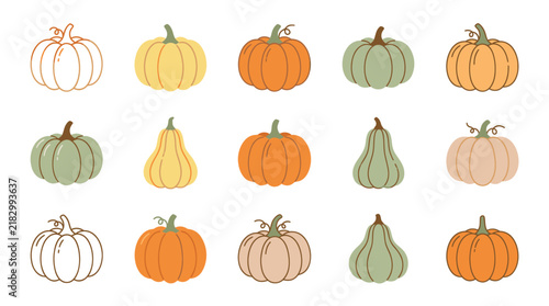 Collection of Diverse Pumpkins and Gourds in Various Colors and Shapes.