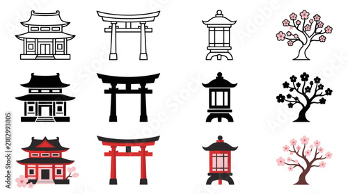 Collection of Japanese Architectural Elements and Nature Icons.