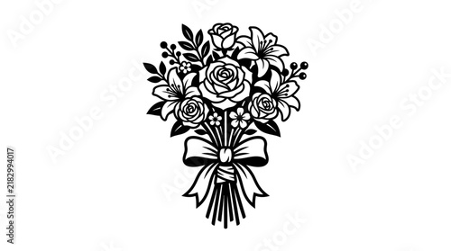 Black and white floral bouquet line art illustration.