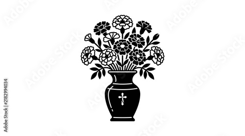 Black and white illustration of a funeral flower vase with a cross.