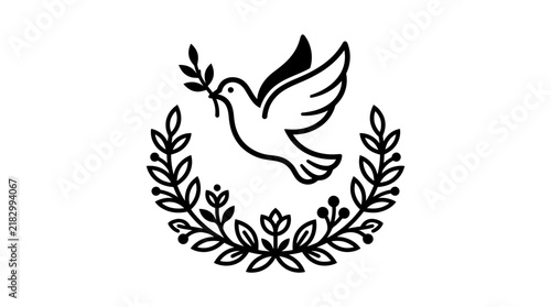 Minimalist vector illustration of a dove carrying an olive branch inside a floral wreath.