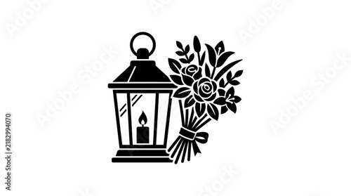 Black and white vector illustration of a funeral lantern and floral bouquet.