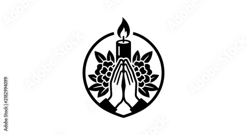 Black and white memorial emblem with praying hands and candle.