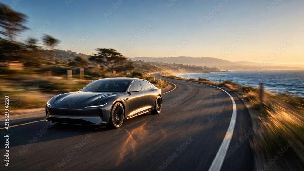 Fototapeta premium Luxury Sedan Driving on Scenic Coastal Highway at Sunset