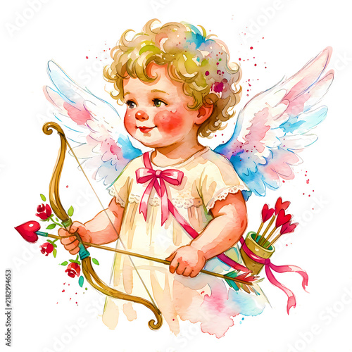 Adorable Cupid Watercolor Illustration with Heart Arrow and Romantic Valentine Celebration Details