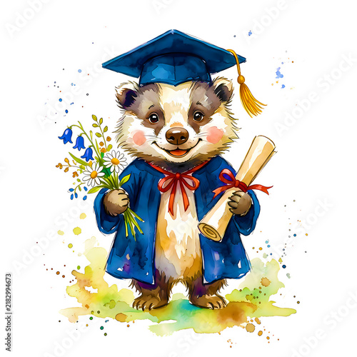Cute Graduation Bear Watercolor Illustration with Diploma Cap and Festive Celebration Details