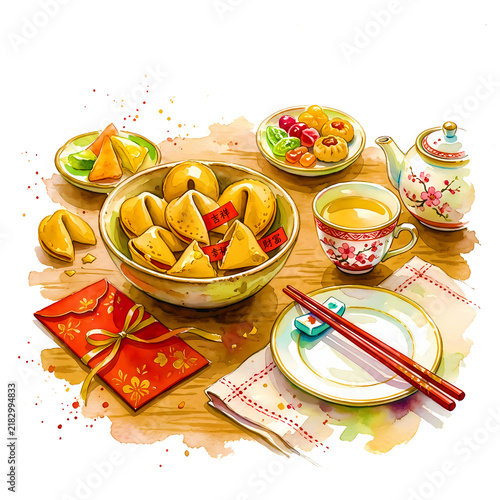 Chinese New Year Fortune Cookies Table with Elegant Red Gold Watercolor Decorations