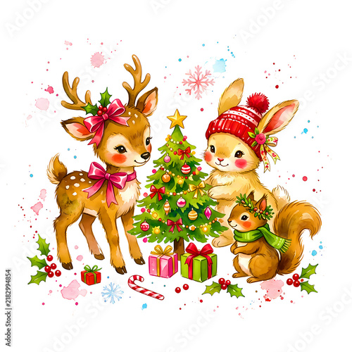 Cute Christmas Animals Watercolor Collection with Festive Hats and Cozy Holiday Decorations