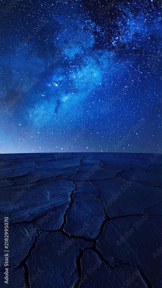 Fototapeta premium Cracked desert ground beneath starry blue night sky with glowing Milky Way over barren landscape