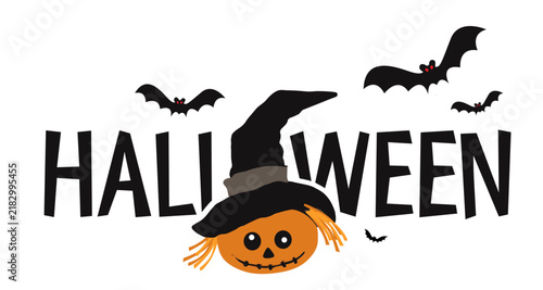 Halloween witch hat on a pumpkin and bats