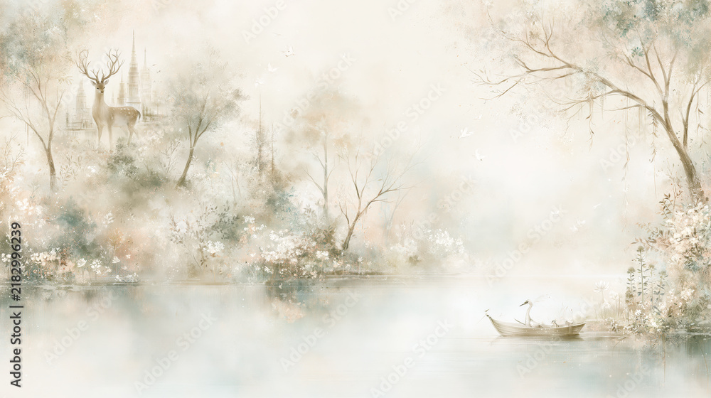 Fototapeta premium White deer beside a misty lake with a small boat and distant castle.