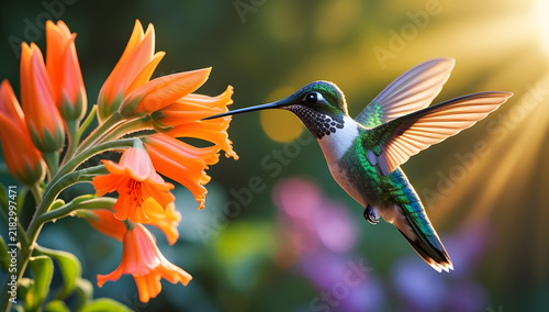 Iridescent Green Hummingbird Hovering Near Bright Garden Blooms