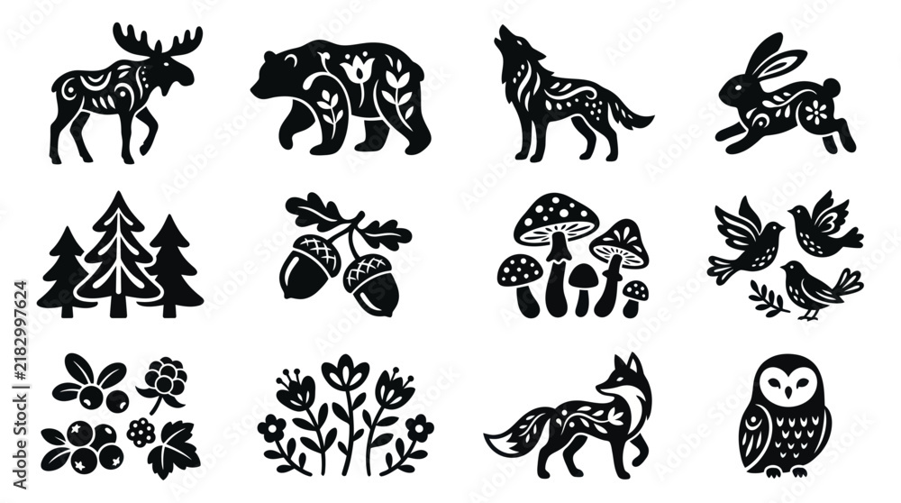 Fototapeta premium Collection of Scandinavian Folk Art Style Forest Animals and Plants.