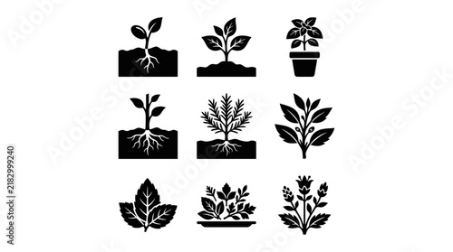 Black and white plant icons set.