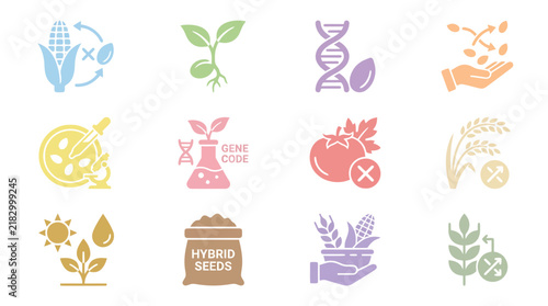 Colorful icons of food and science.