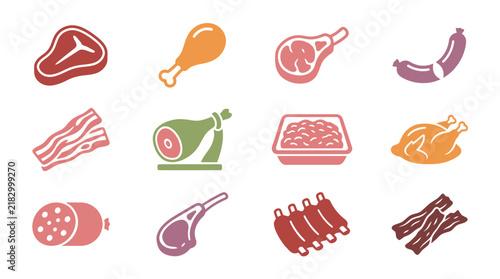 Variety of raw meat cuts displayed.