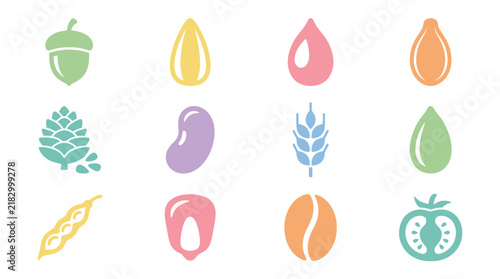 Colorful icons of various fruits and seeds.