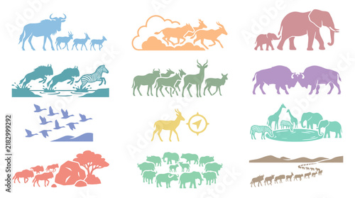 Colorful animal icons in various shapes.
