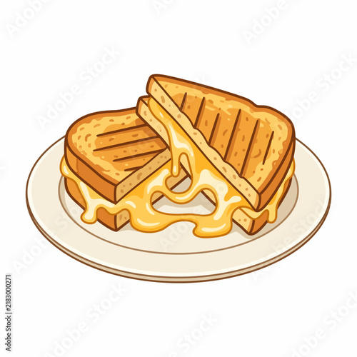 A golden grilled cheese sandwich cut in half with melted cheese oozing out, presented on a simple plate in a warm and appetizing flat composition.