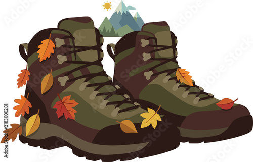 Hiking Boots with Autumn Leaves and Mountains Vector Illustration