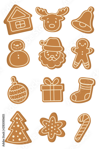 Christmas gingerbread cookies set with white icing isolated on white background. Winter holiday sweet baking collection including gingerbread man, house, star, reindeer, santa, and tree