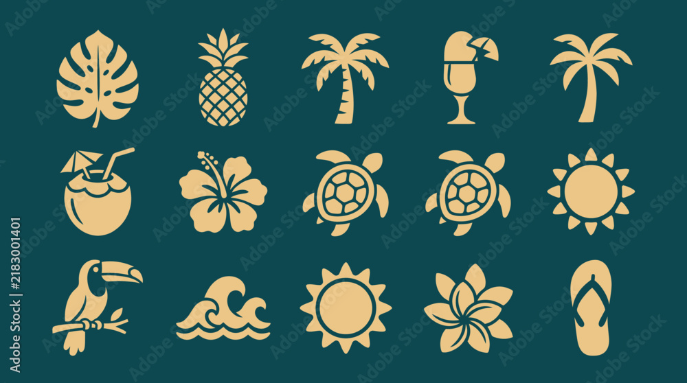 Fototapeta premium Collection of tropical summer icons featuring palm trees, pineapples, hibiscus, and sea turtles.