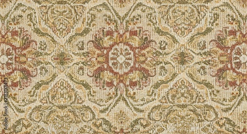 Ornate damask fabric pattern with earthy tones of green, rust, and beige colors