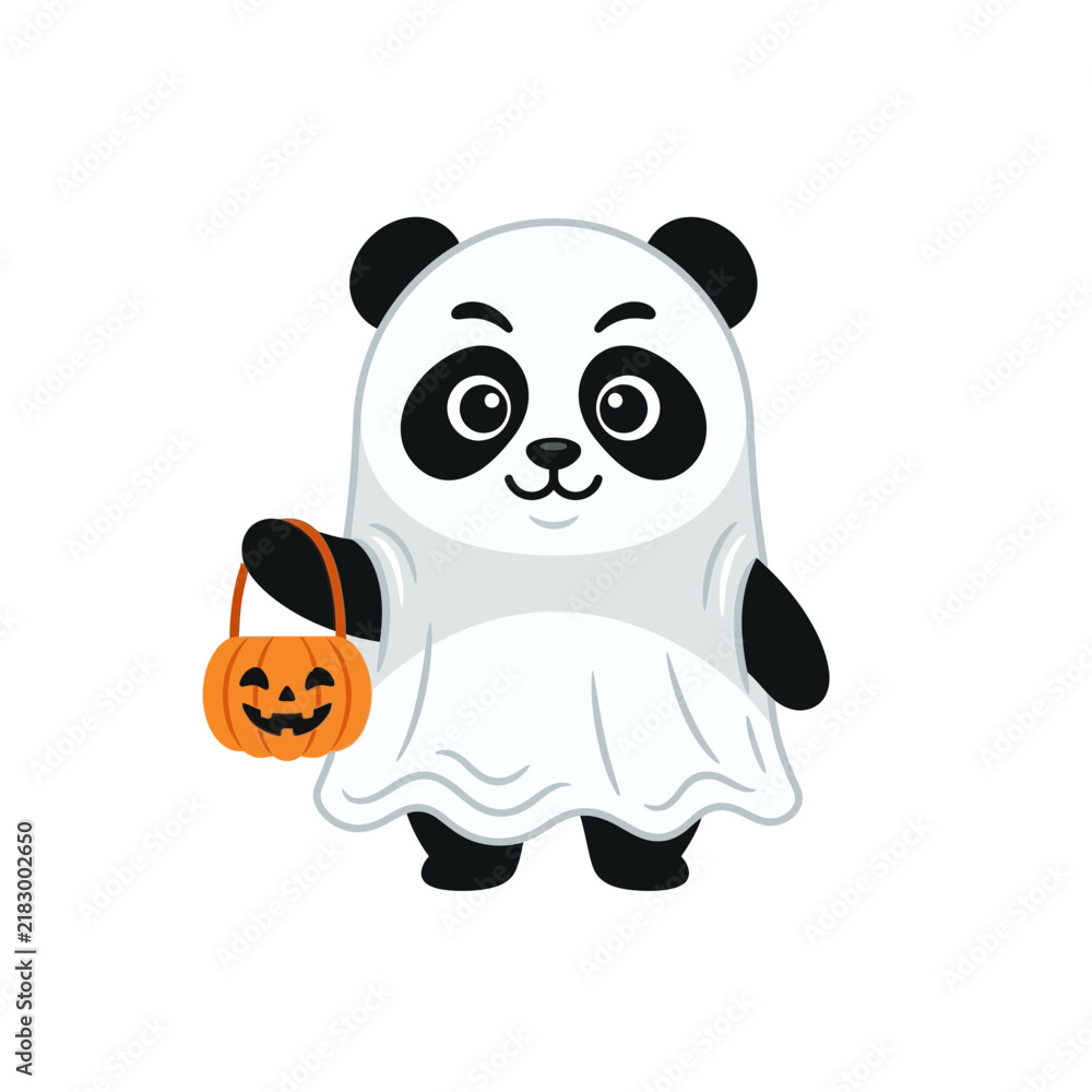 Fototapeta premium Cute panda dressed as ghost with pumpkin basket