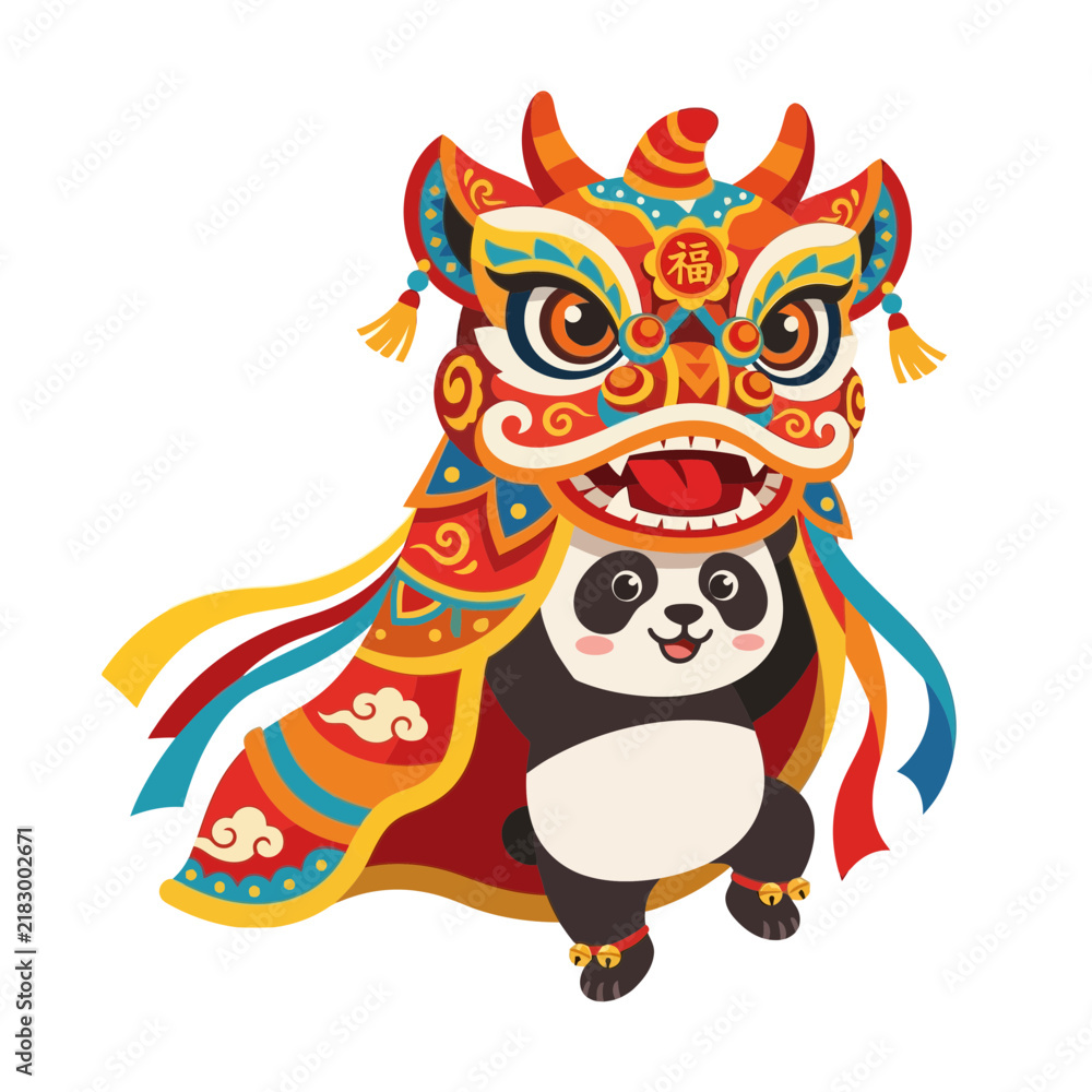 Naklejka premium Cute Panda in Traditional Lion Dance Costume