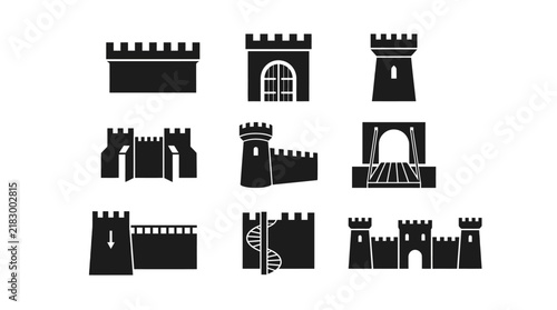 Fototapeta Black silhouette castle wall icons set.