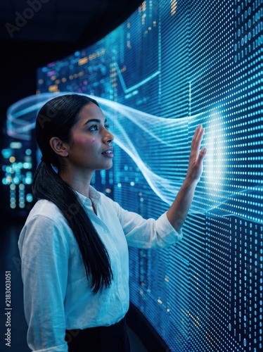 Team standing small against an enormous curved data wall