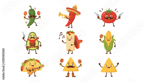 Set of cute cartoon Mexican food characters playing music and dancing vector illustration isolated on white background