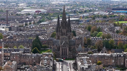 Beautiful Aerial View of St Marys Episcopal Cathedral and Edinburgh Skyline, Scotland