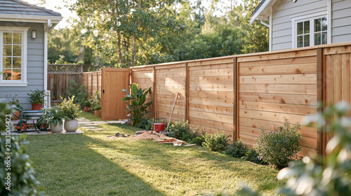 New Wooden Privacy Fence In Landscaped Backyard
