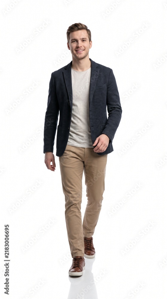 Fototapeta premium Handsome young man in a smart casual dark blue blazer and beige chinos walking confidently forward, isolated on white background.
