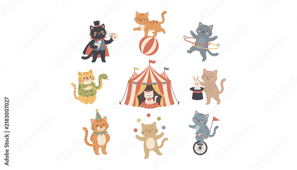 Fototapeta premium Cute cartoon circus cats performing magic tricks and balancing acts isolated vector illustrations collection bundle