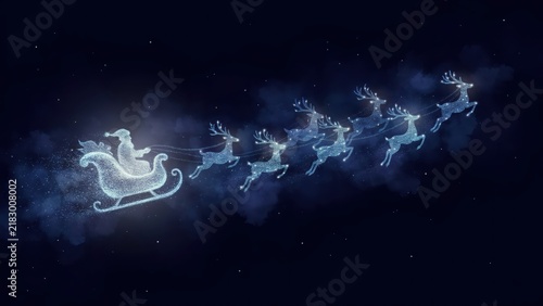 Glowing ethereal santa claus riding a magical flying sleigh pulled by a team of reindeer across a dark starry night sky with shimmering stardust