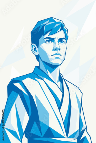 Young man in stylized blue robe, geometric art, low poly style