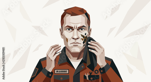 Worker wiping dirt from face, determined expression, uniform