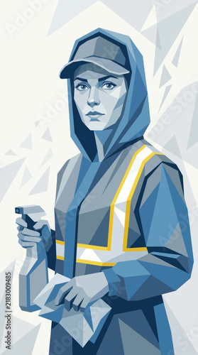 Woman cleaner in uniform with spray bottle, low poly style