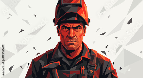 Welder portrait, industrial worker, skilled labor, safety gear, determined expression