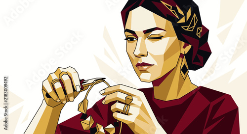 Woman crafting jewelry with pliers, geometric art style