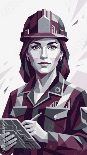 Woman Engineer with Blueprint and Hard Hat, Geometric Style